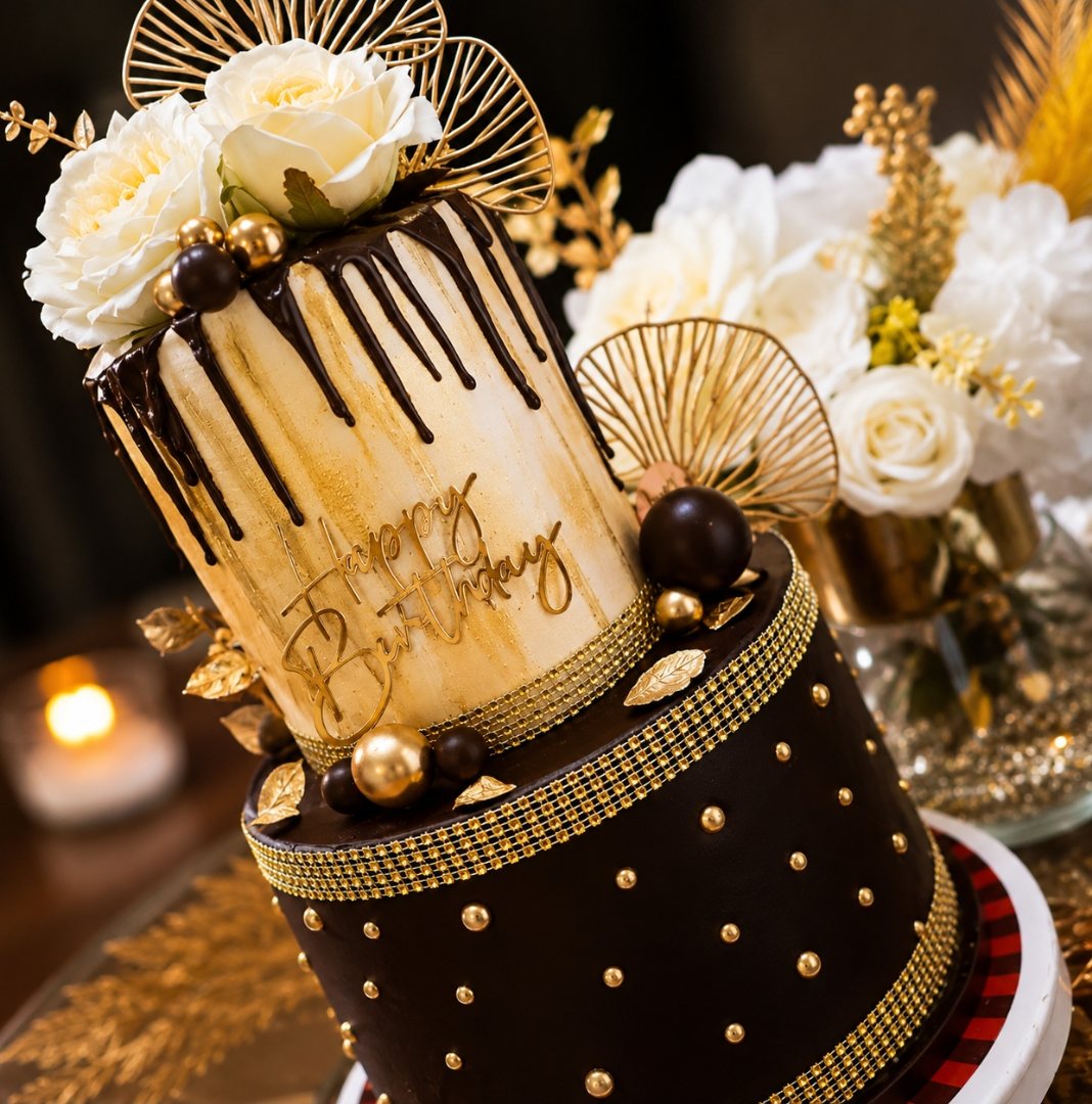 Gold leaf and chocolate celebration cake