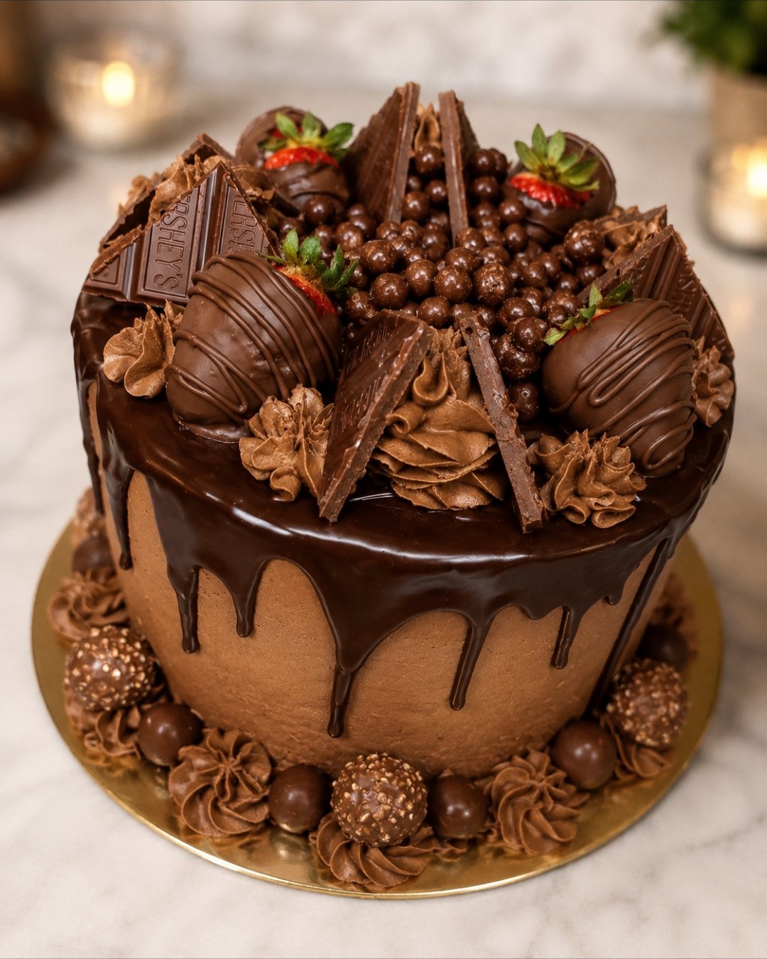 Chocolate drip cake with dipped strawberries