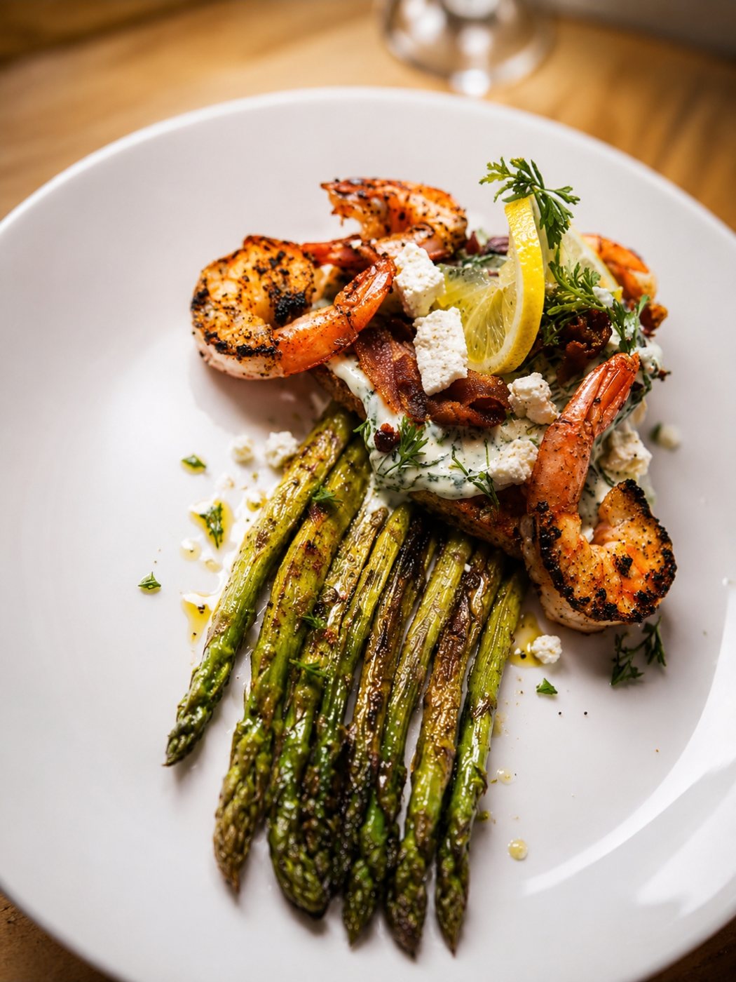 Blackened shrimp over grilled asparagus, plated