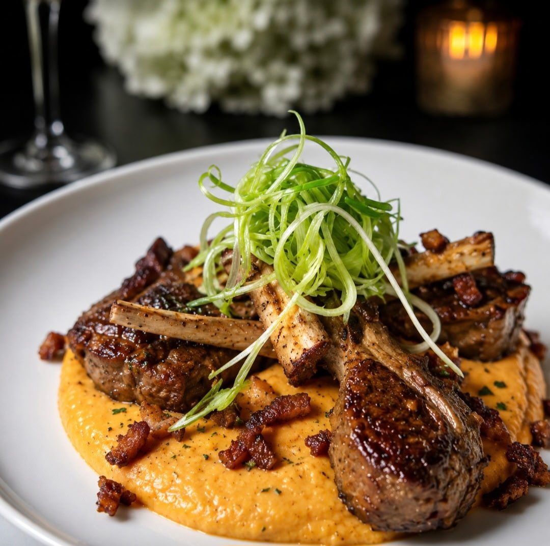 Grilled lamb chops over creamy grits with bacon and scallion