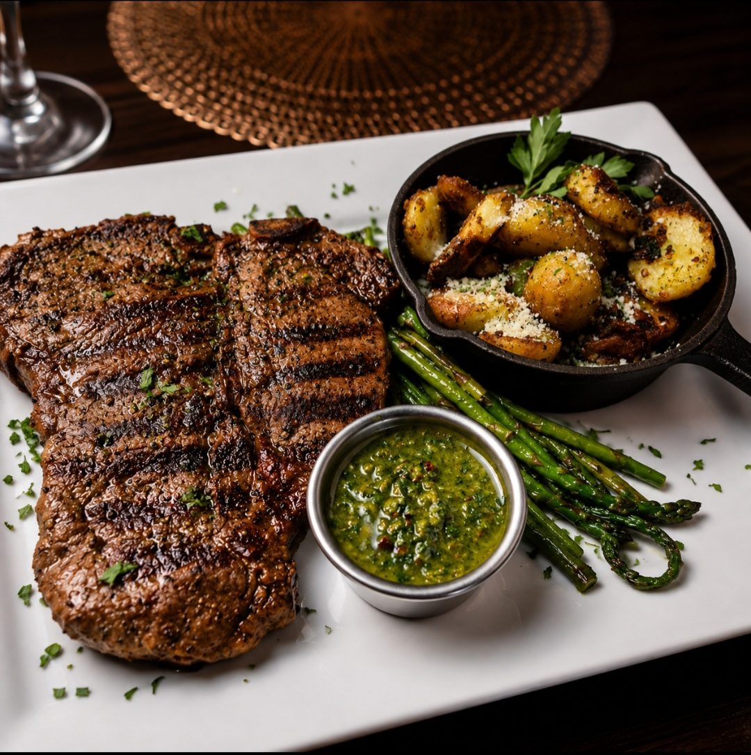 Grilled T-bone with a skillet of parmesan potatoes and asparagus