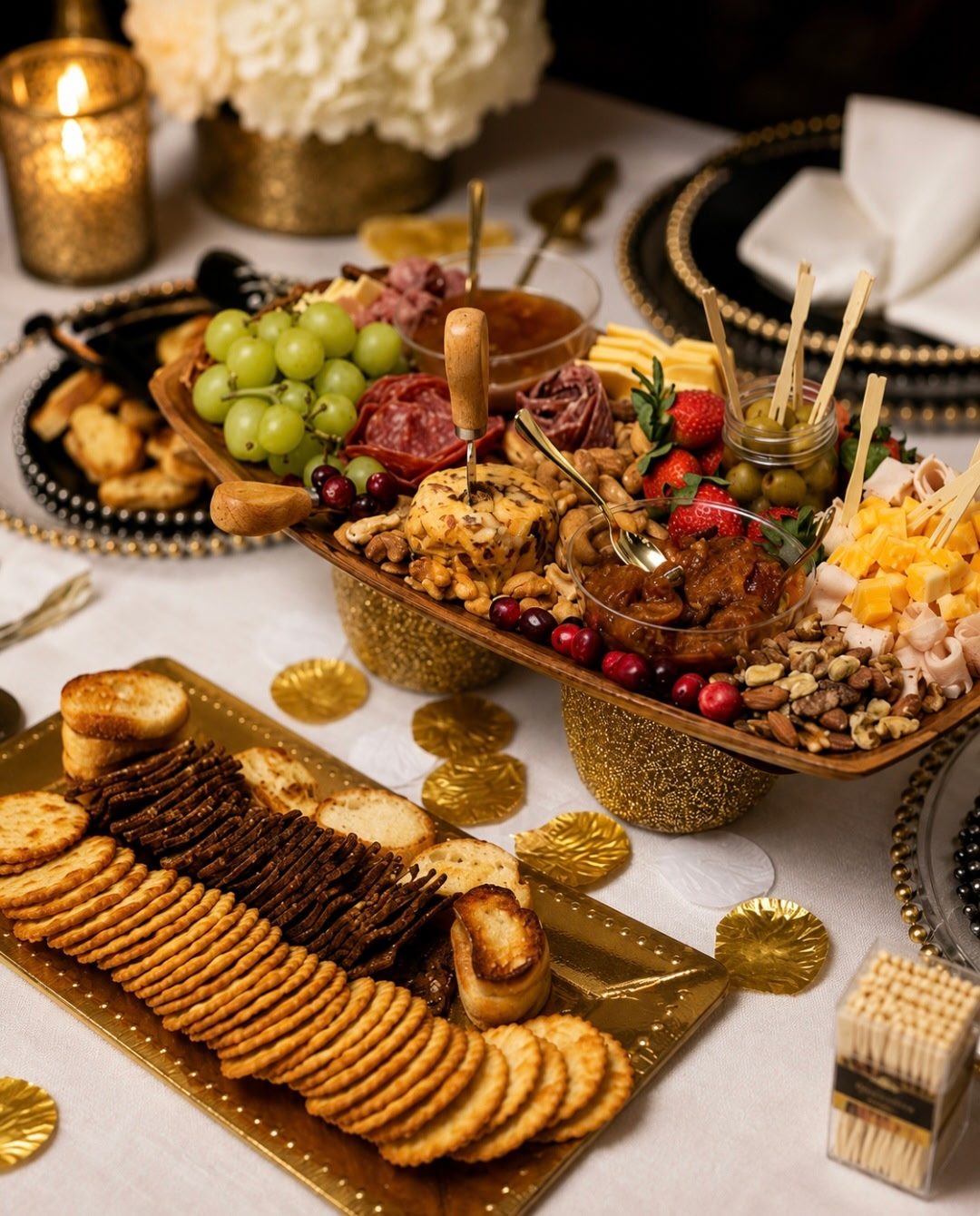 Charcuterie and grazing board with cheese, fruit and crostini