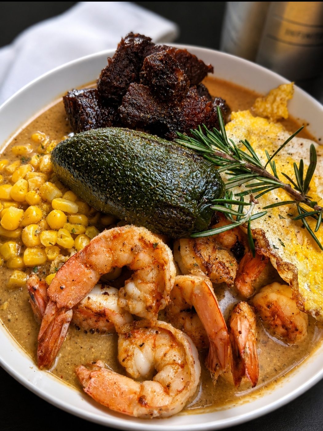 Seared shrimp and burnt-end beef over grits with avocado and corn