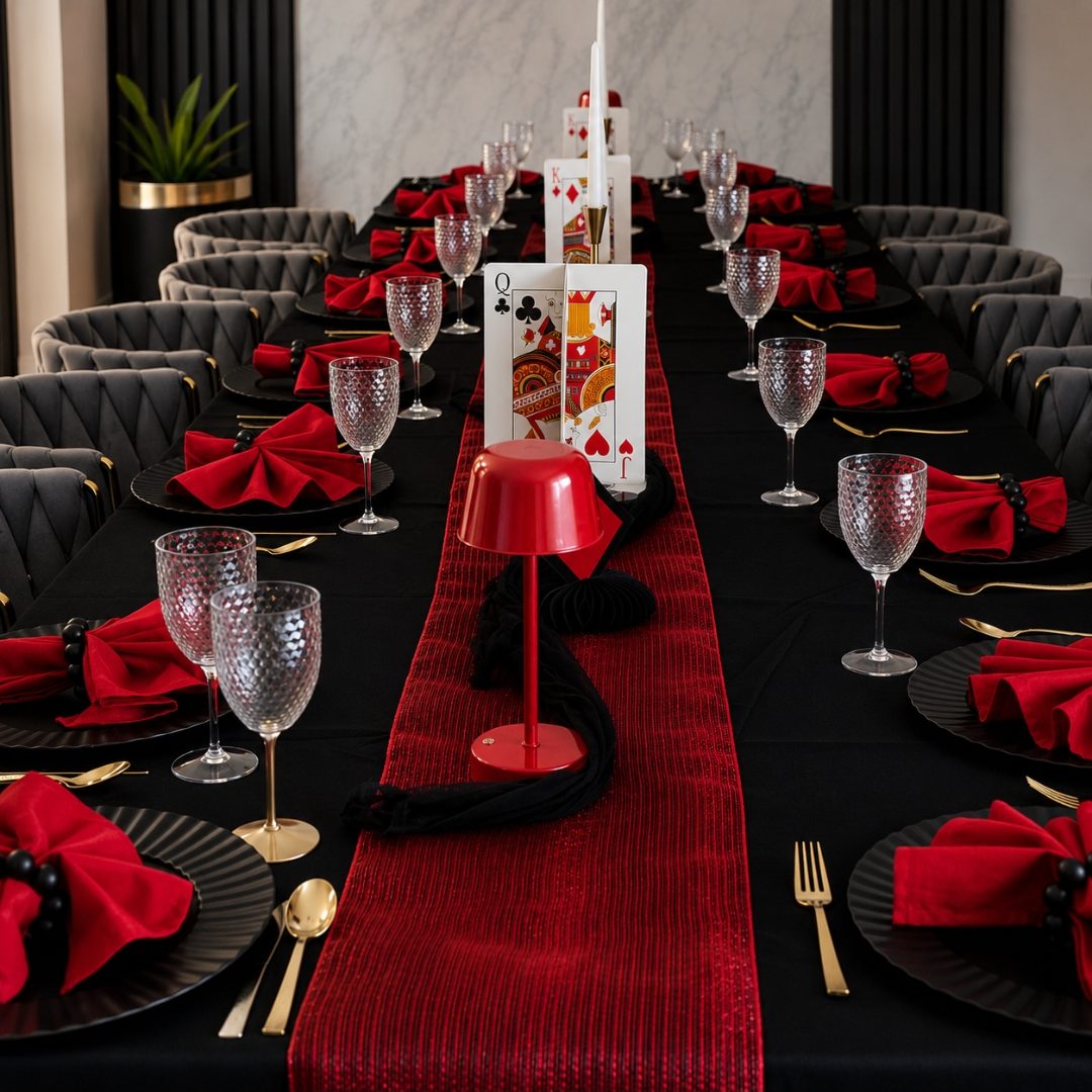 Black, red and gold banquet table with oversized card centerpieces